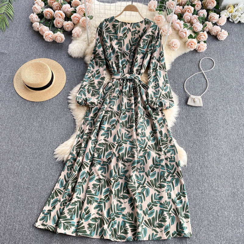 Vintage A line long sleeves floral dress women's dress P105