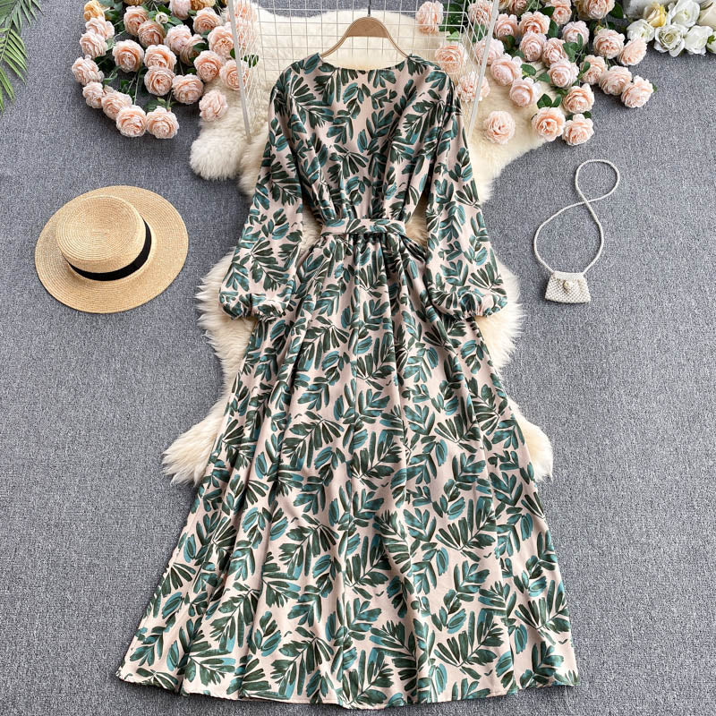 Vintage A line long sleeves floral dress women's dress P105