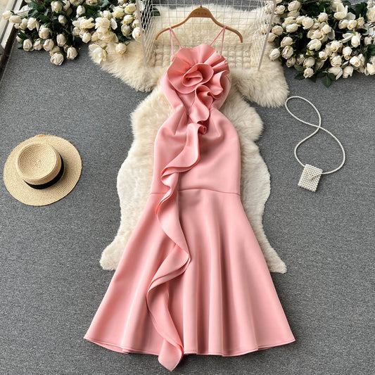 Sexy Mermaid Spaghetti Straps Ruffles Satin Flower Dress Women Dress P147