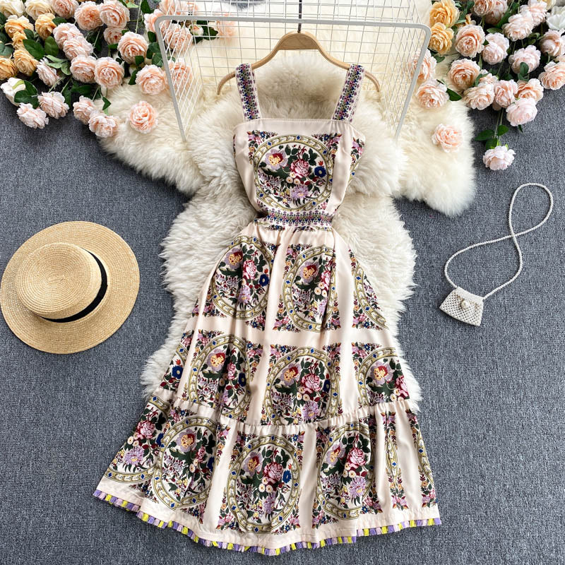 Palace Dress Women Summer Retro Printed Suspender Dress Women Holiday Dress P182