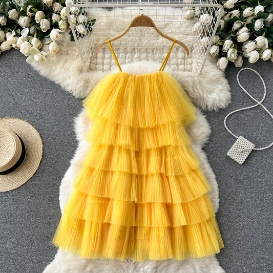 cute summer women's sweet spaghetti straps dress with ruffles P141