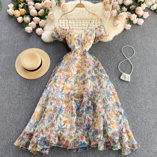 Cute Spaghetti Straps Backless Short Floral Dress Women Dress P138