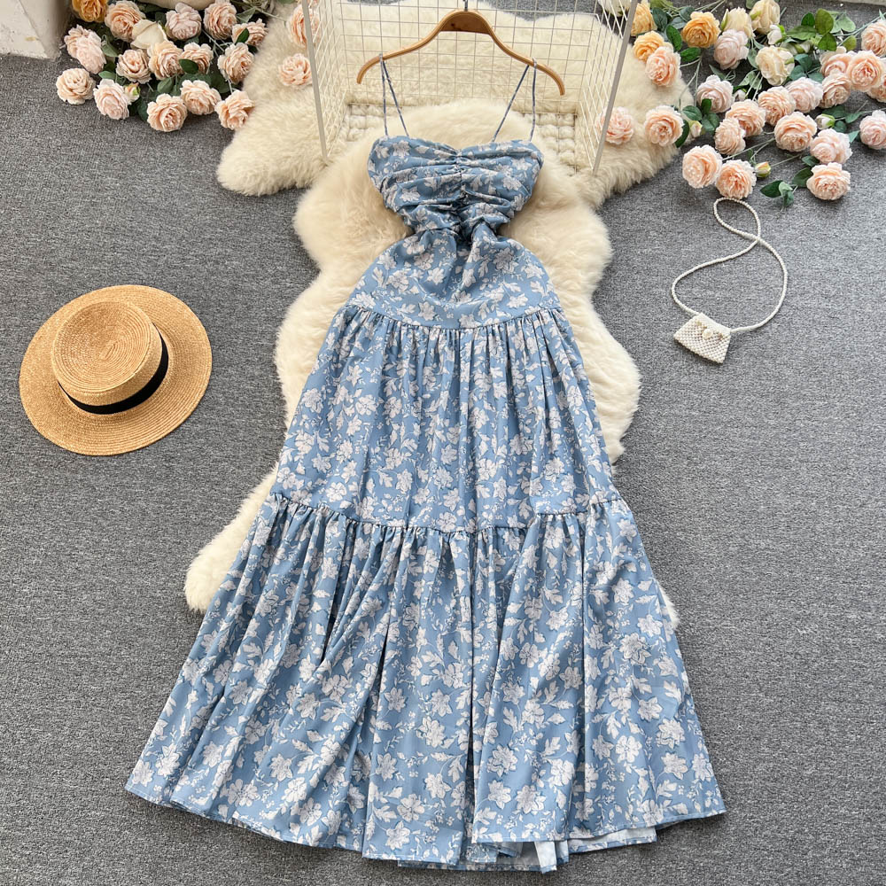 Vintage Spaghetti Straps Floral Dress Women Holiday Dress P185