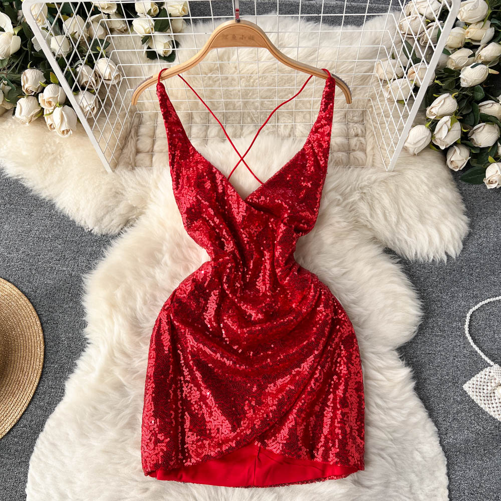 Sexy Spaghetti Straps Backless Short Sequin Dress Women Holiday Dress P191