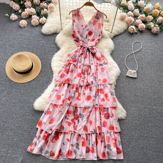 Sweet V neckline Summer Floral Dress Women Holiday Dress P174