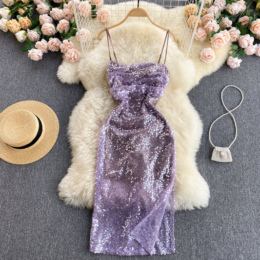 Vintage Spaghetti Straps Grape Sequin Dress Women Holiday Dress P186