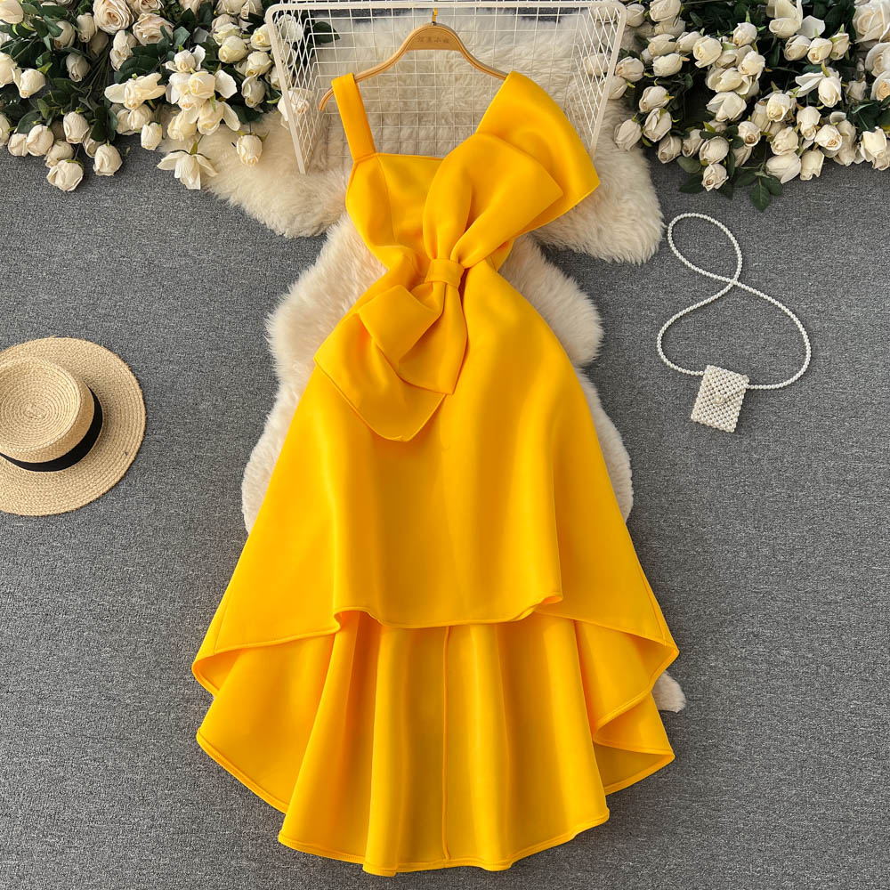 Sexy High Low Spaghetti Straps Bowknot Dress Women Evening Dress P156