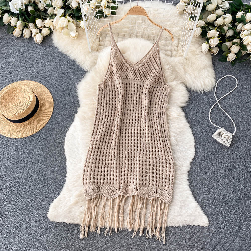 Sexy Spaghetti Straps Boho Resort Fringe Knit Dress Women Holiday Dress P170