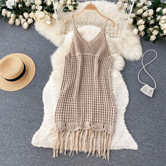 Sexy Spaghetti Straps Boho Resort Fringe Knit Dress Women Holiday Dress P170