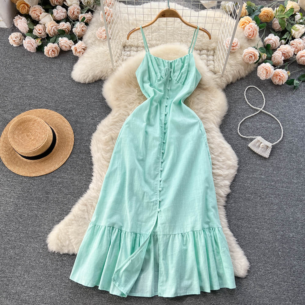 Vintage Spaghetti Straps Sleeveless Mint Green Summer Holiday Dress P245