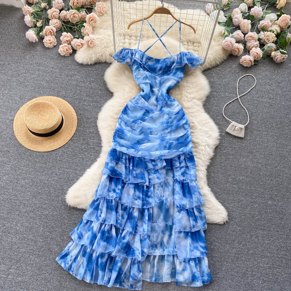 Cute Spaghetti Straps Long Blue Floral Dress Women Holiday Dress P234