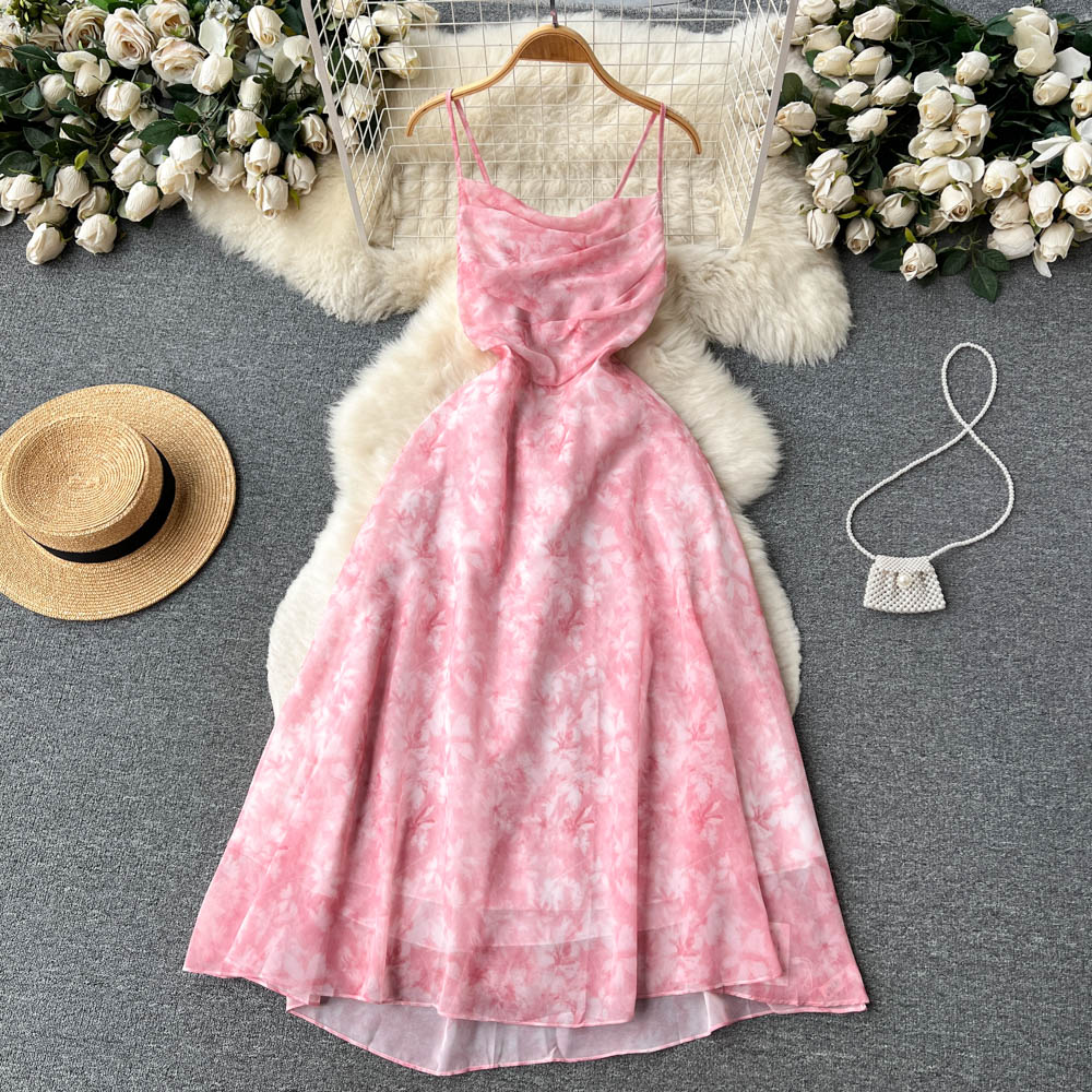 Cute A line Sleeveless Straps Backless Summer Pink Holiday Dress P240