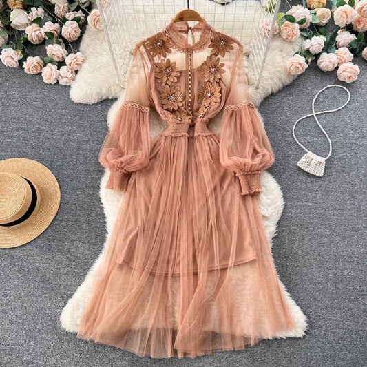 Vintage A line long sleeves lace dress women's dress P230