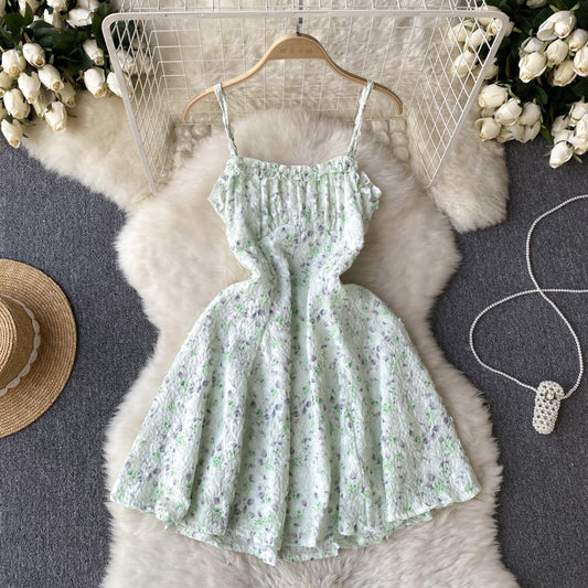 Cute Straps Mint Green Short Floral Dress Women Holiday Dress P231