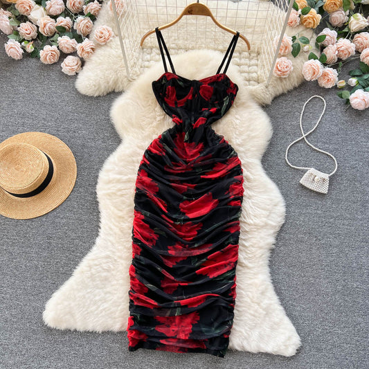 Sexy Spaghetti Straps Long Floral Red Dress Women Holiday Dress P236