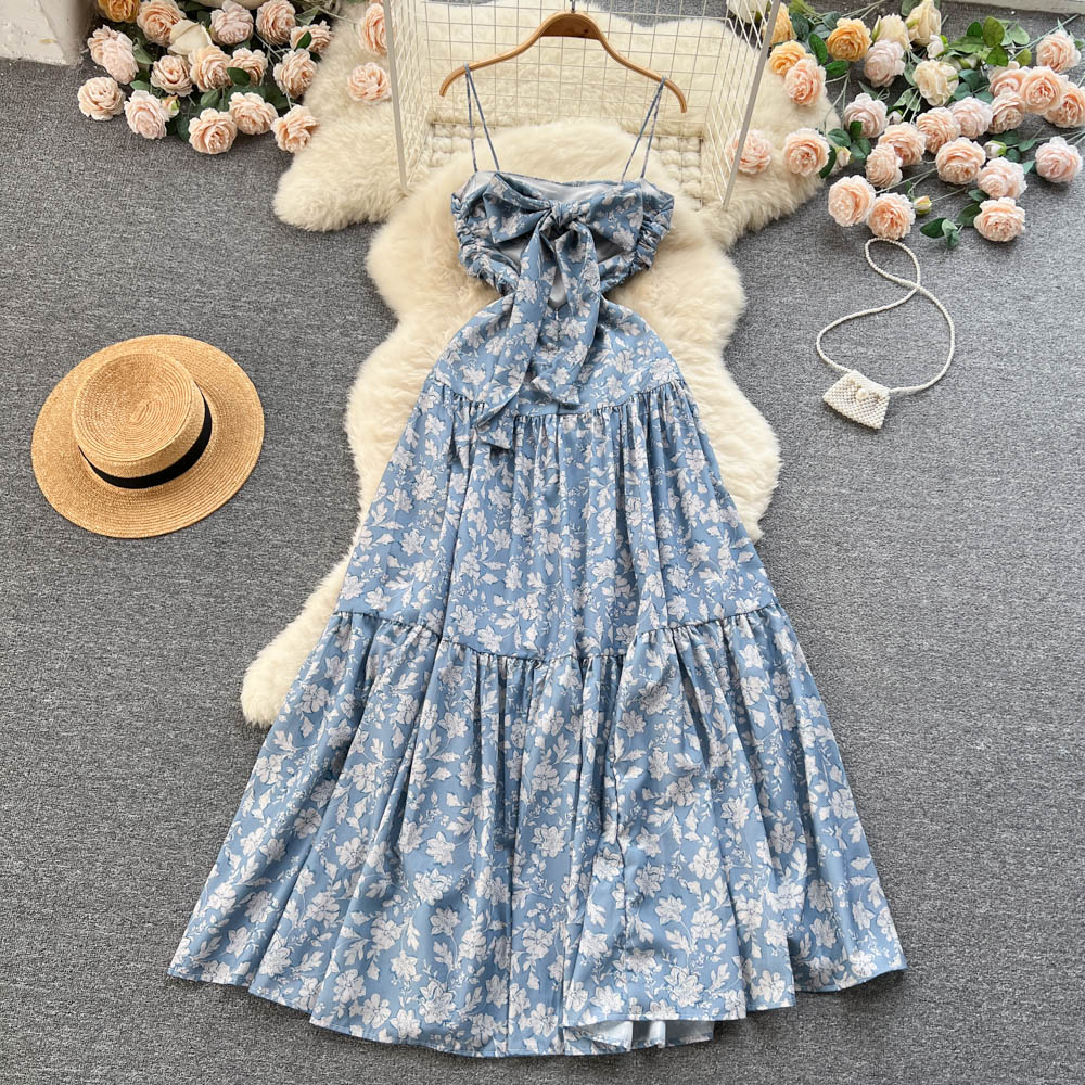 Vintage Spaghetti Straps Floral Dress Women Holiday Dress P185