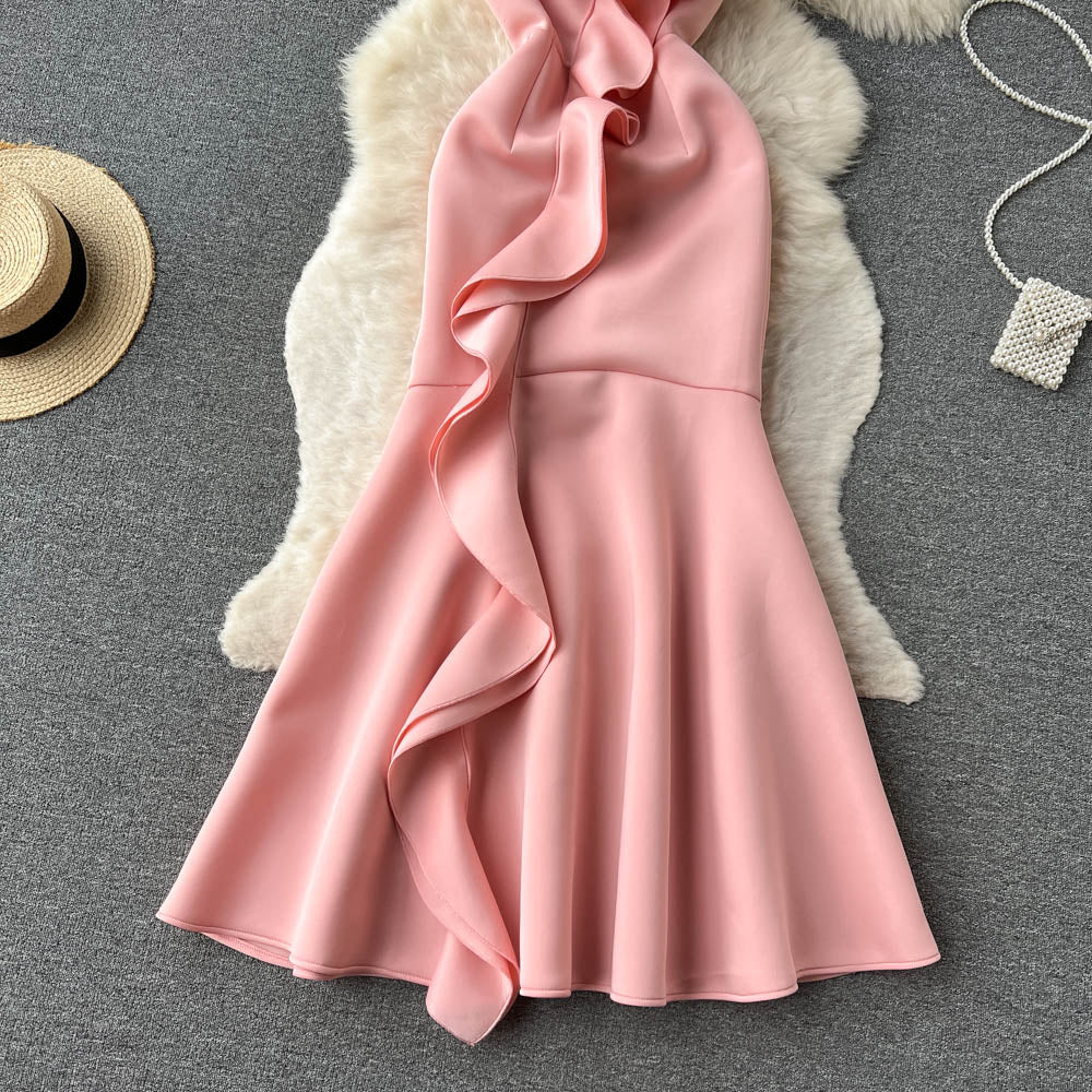 Sexy Mermaid Spaghetti Straps Ruffles Satin Flower Dress Women Dress P147