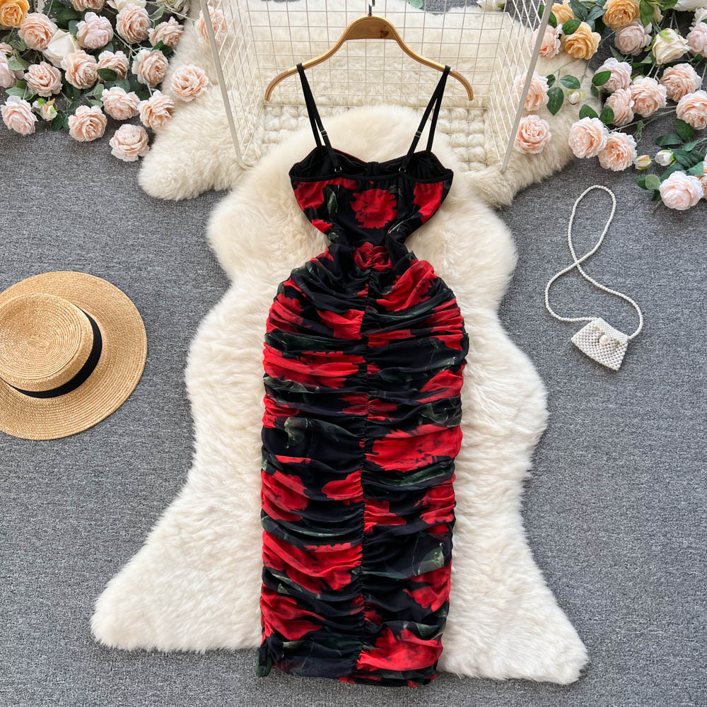 Sexy Spaghetti Straps Long Floral Red Dress Women Holiday Dress P236