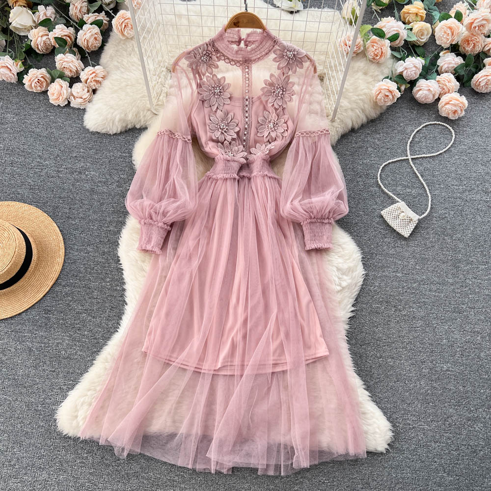 Vintage A line long sleeves lace dress women's dress P230