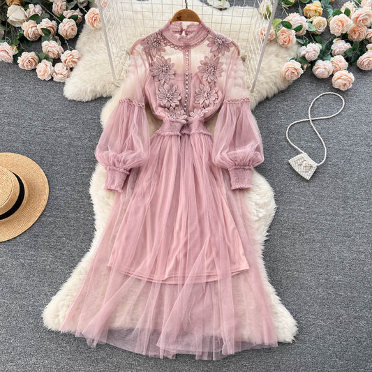 Vintage A line long sleeves lace dress women's dress P230