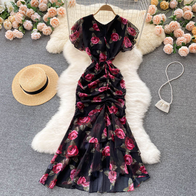 sexy mermaid v neckline floral dress women's dress P098