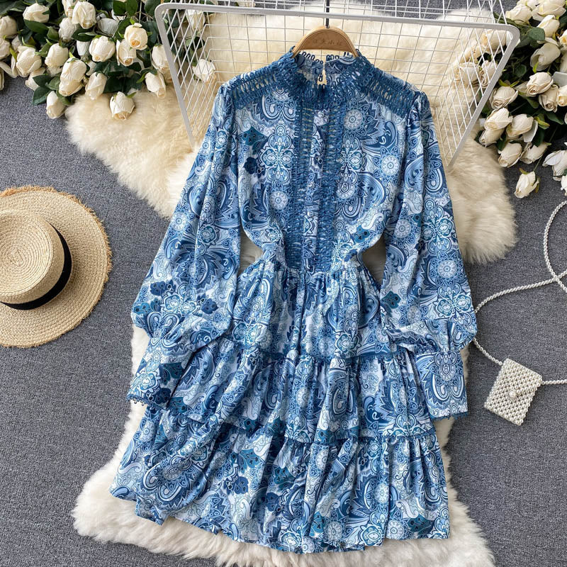 Vintage A line long sleeves floral dress women's dress P102