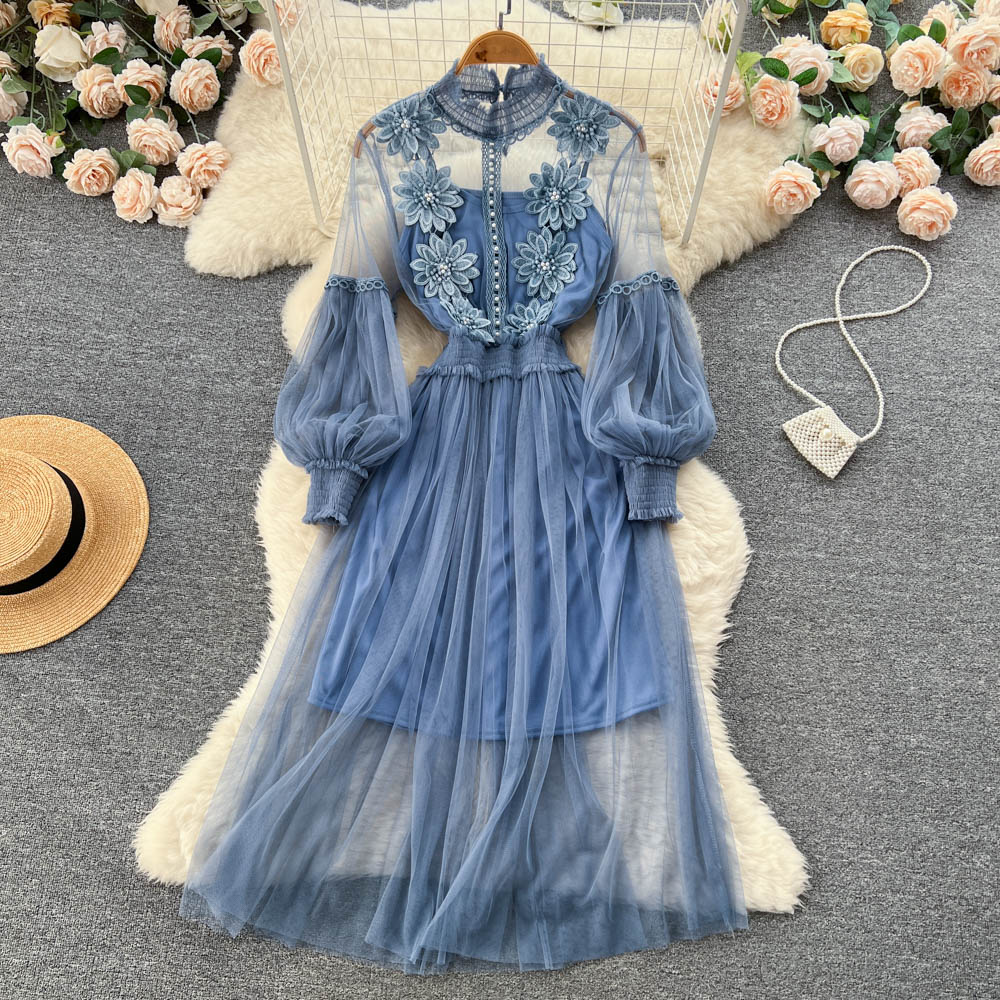 Vintage A line long sleeves lace dress women's dress P230