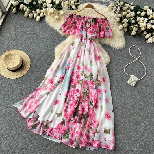 Cute off the shoulder slit floral dress women's dress P112