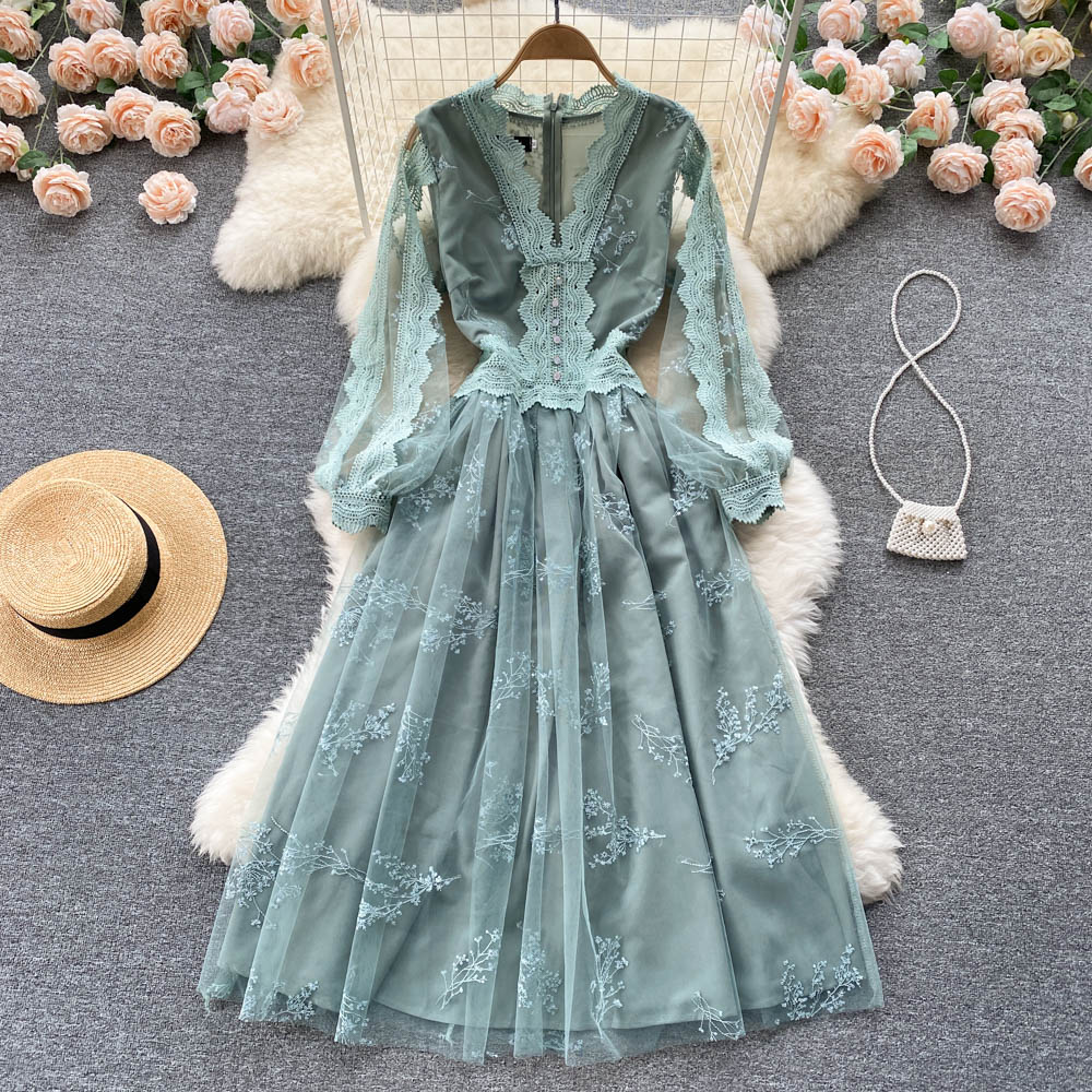 Cute long sleeves lace v neckline dress women's dress P106