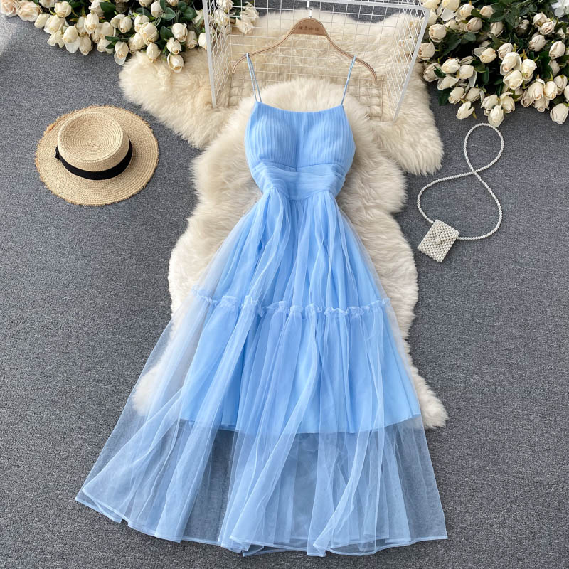 Sexy Straps Tulle Ruffles Dress Women Holiday Dress P209