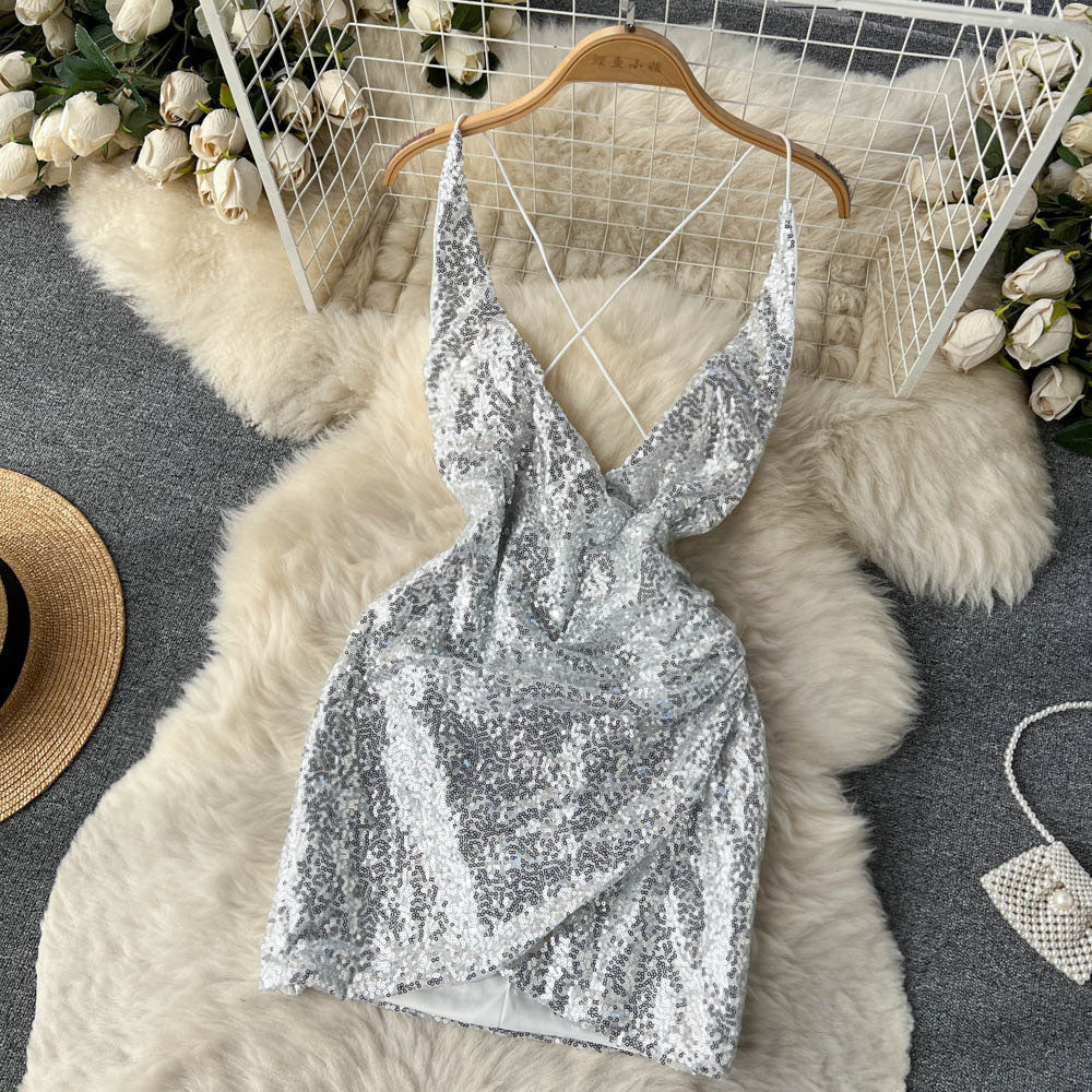 Sexy Spaghetti Straps Backless Short Sequin Dress Women Holiday Dress P191