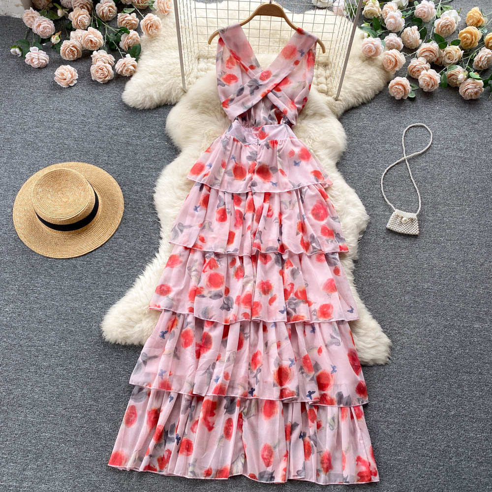 Sweet V neckline Summer Floral Dress Women Holiday Dress P174