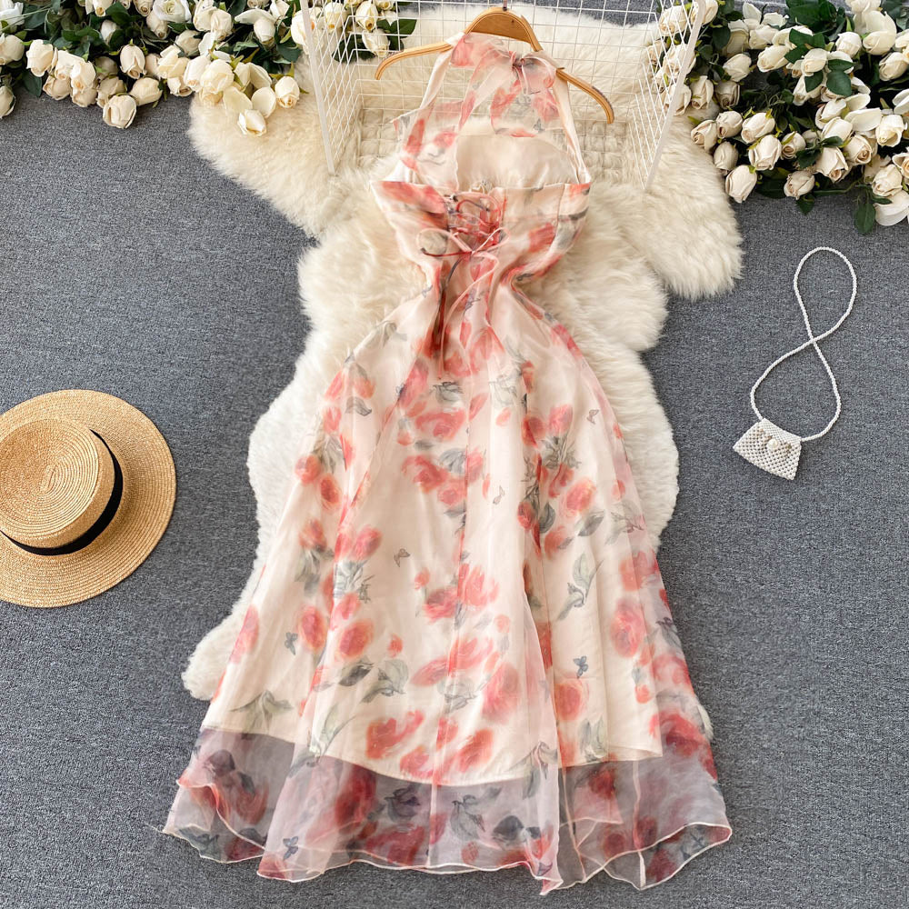 Sweet Halter Summer Floral Dress Women Holiday Dress P175