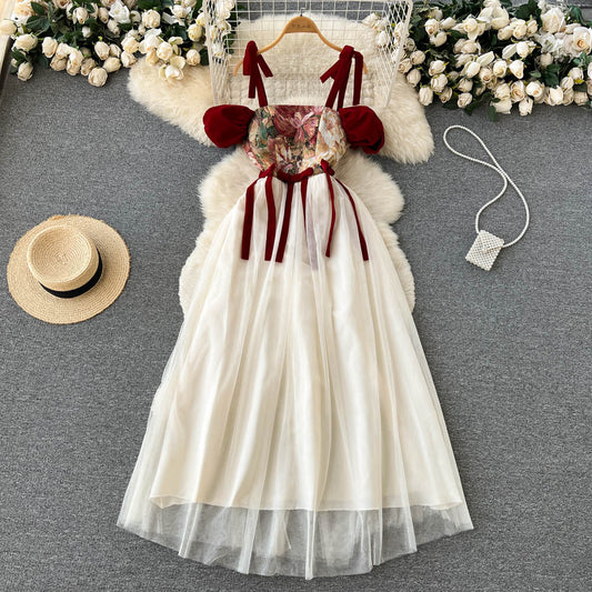 Retro Niche Design Embroidered Suspender Dress Women Dress P084