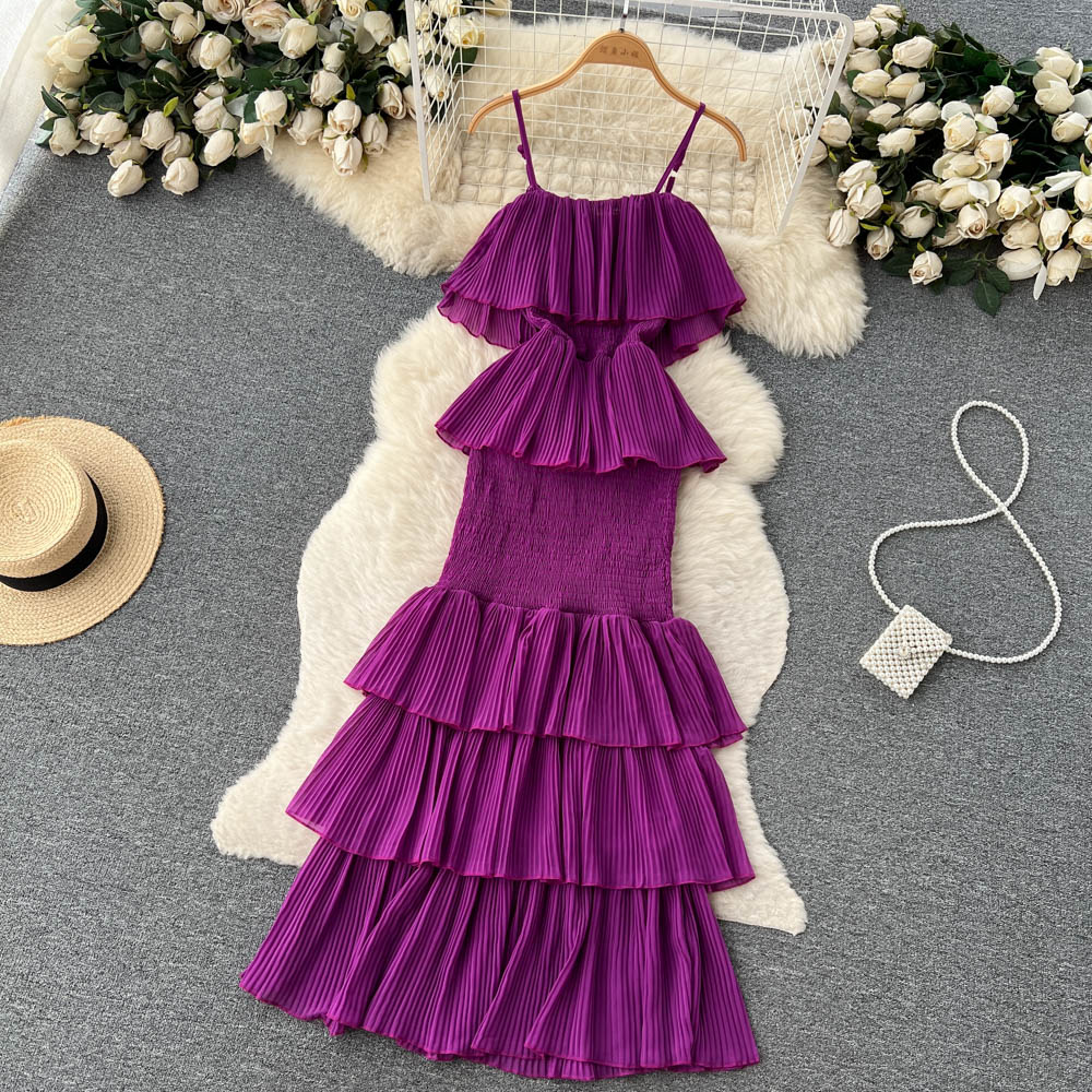 cute summer women's sweet chiffon suspender dress with ruffles P137