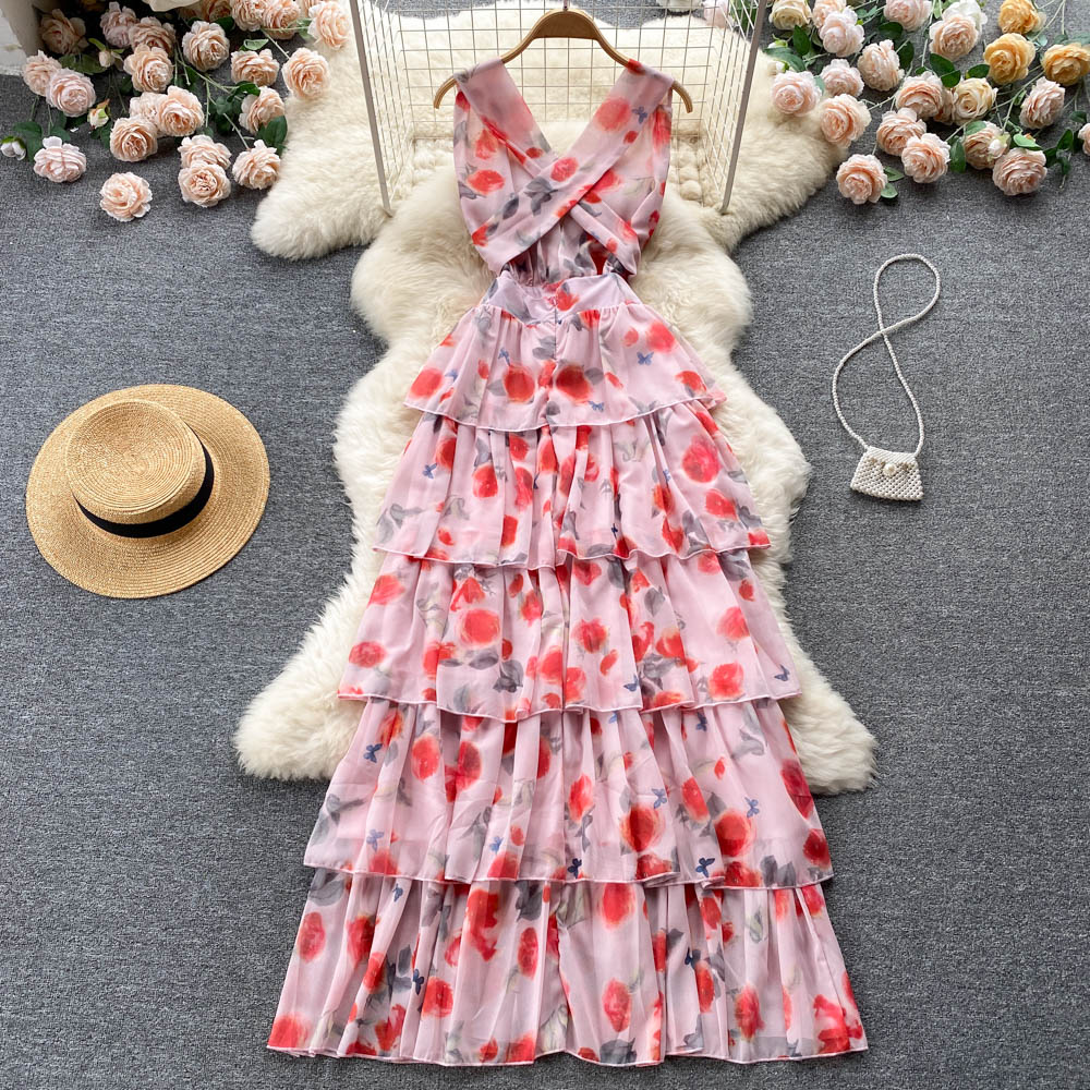 Sweet V neckline Summer Floral Dress Women Holiday Dress P174
