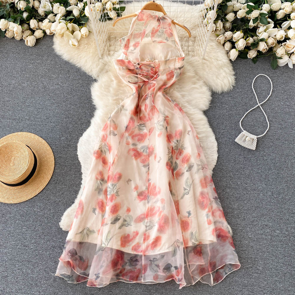 Sweet Halter Summer Floral Dress Women Holiday Dress P175