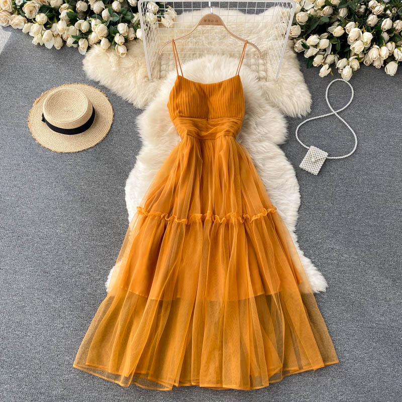 Sexy Straps Tulle Ruffles Dress Women Holiday Dress P209