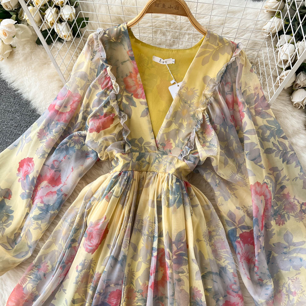 Cute A line long sleeves floral dress women's dress P099