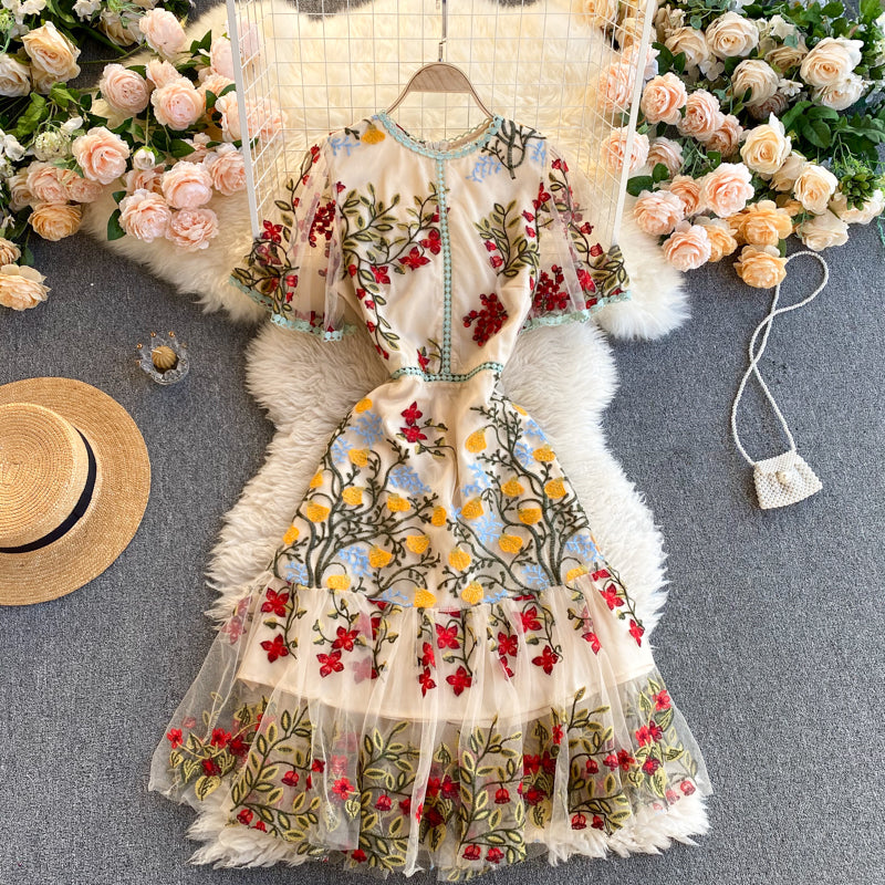 Vintage A line short sleeves floral dress women's dress P101