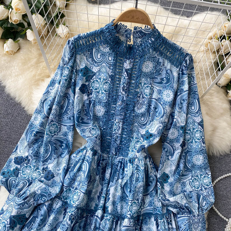 Vintage A line long sleeves floral dress women's dress P102