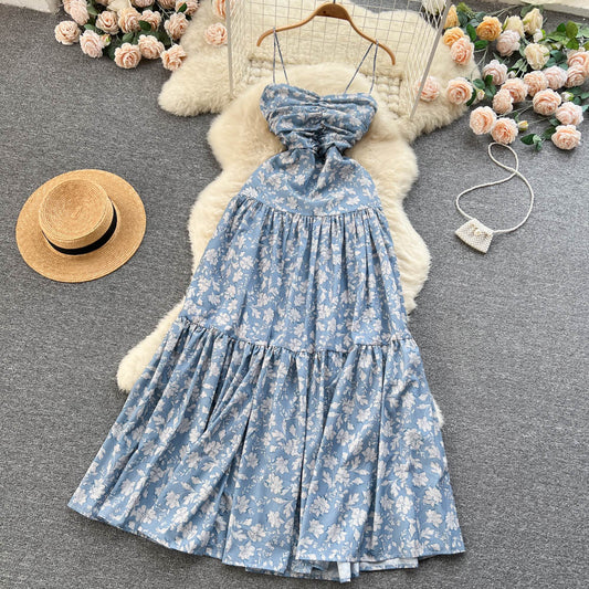 Vintage Spaghetti Straps Floral Dress Women Holiday Dress P185