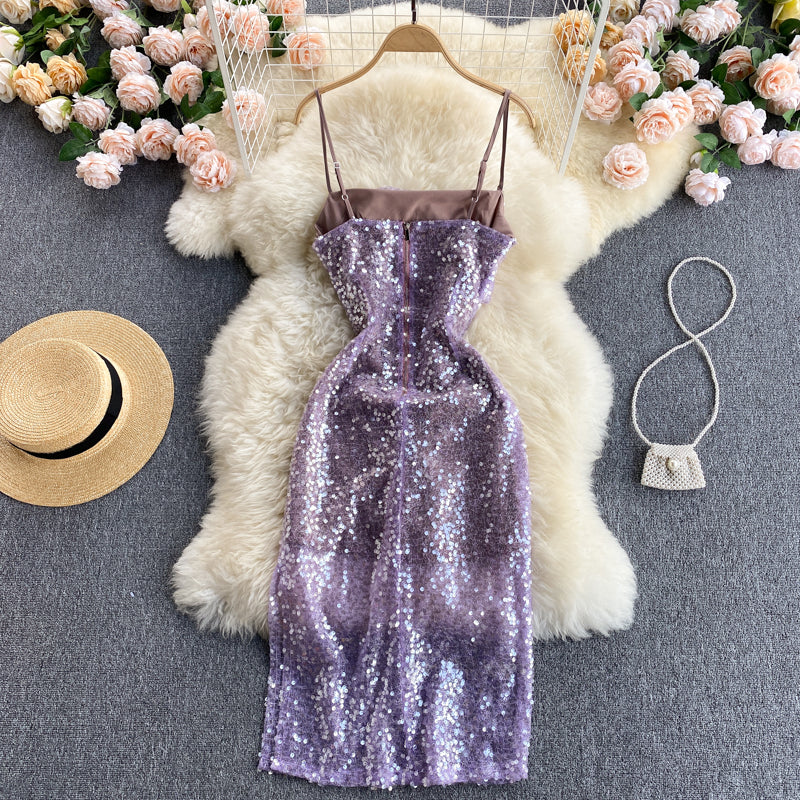 Vintage Spaghetti Straps Grape Sequin Dress Women Holiday Dress P186