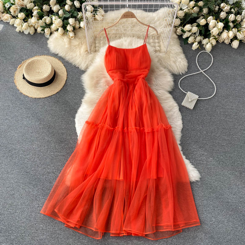 Sexy Straps Tulle Ruffles Dress Women Holiday Dress P209