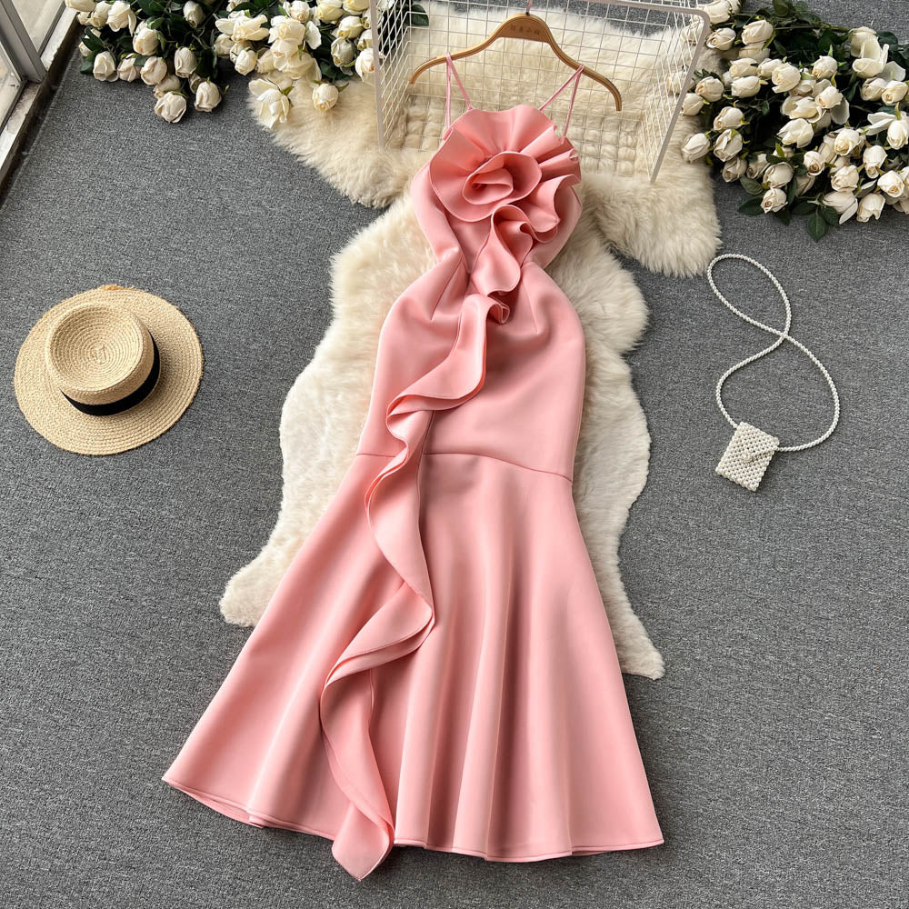 Sexy Mermaid Spaghetti Straps Ruffles Satin Flower Dress Women Dress P147