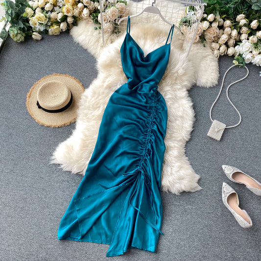 Sexy Spaghetti Straps Backless Silk Satin Dress Women Summer Holiday Dress P158