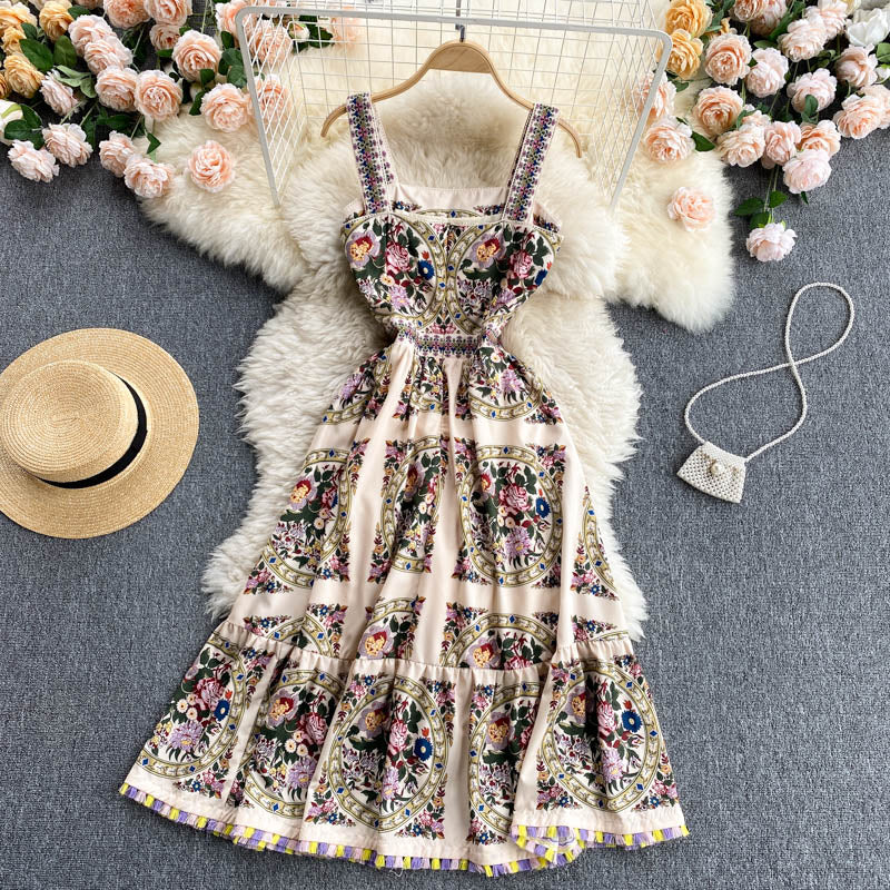 Palace Dress Women Summer Retro Printed Suspender Dress Women Holiday Dress P182