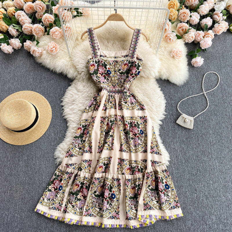 Palace Dress Women Summer Retro Printed Suspender Dress Women Holiday Dress P182