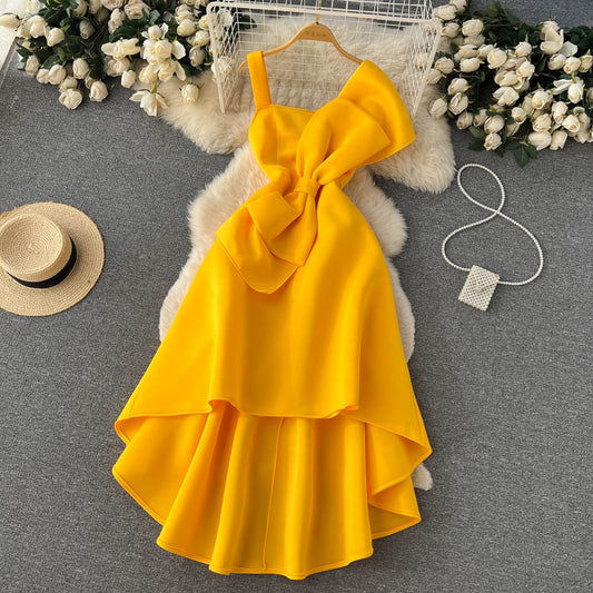 Sexy High Low Spaghetti Straps Bowknot Dress Women Evening Dress P156