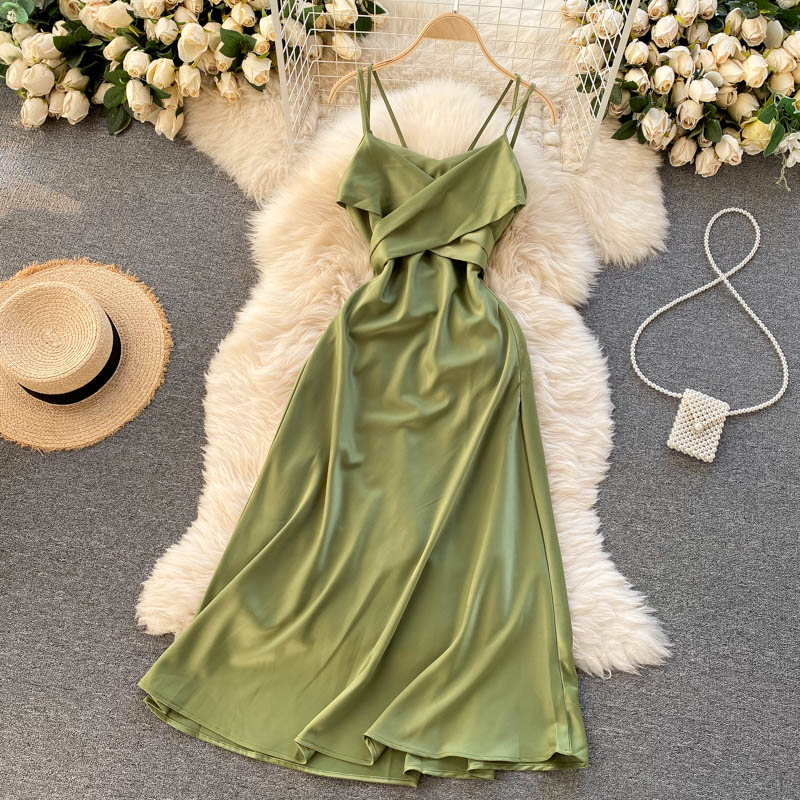 Sexy A line spaghetti straps sage green summer dress women's dress P095